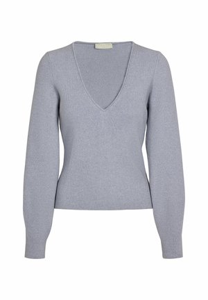 Hellgrauer, gerippter Pullover mit tiefem V-Ausschnitt, langen Ärmeln und einer taillierten Passform für eine schlanke Silhouette. Glatte Textur und minimale Details.