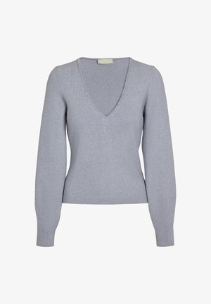 Hellgrauer, gerippter Pullover mit tiefem V-Ausschnitt, langen Ärmeln und einer taillierten Passform für eine schlanke Silhouette. Glatte Textur und minimale Details.