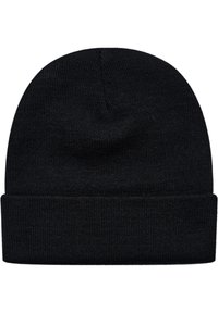 Bonnet en tricot noir avec un revers roulé, présentant une texture côtelée et un design de couronne sans couture, idéal pour la chaleur et la polyvalence.