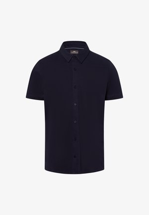 Korte mouwen, donkerblauw button-up overhemd met een puntig kraag, een gladde textuur en zes bijpassende knopen aan de voorkant.