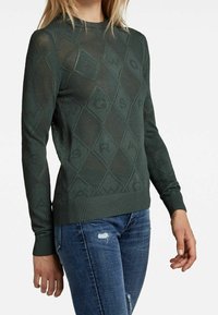 Suéter de punto verde con un patrón de diamantes y texto, puños y dobladillo acanalados. Lleva puesto unos vaqueros azules desgastados.