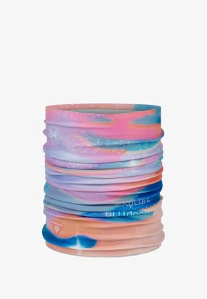 Multicolored tubular neck gaiter with pink, blue, and orange hues, featuring small white cross patterns and outdoor brand logos.