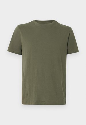 Olive green short-sleeve T-shirt made of soft cotton, with a crew neckline and a plain design. No patterns or accents are visible.