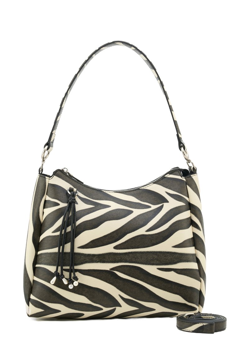 Hobo handbag in textured faux leather, features a black and cream zebra stripe pattern, and includes a detachable strap and tassel detail.