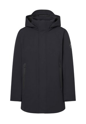 Schwarzer wasserdichter Parka mit hohem Kragen, Kapuze und Reißverschlusstaschen. Glatte, matte Oberfläche und minimalistisches Design. Verfügt über klare Linien.