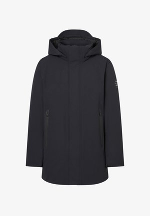Schwarzer wasserdichter Parka mit hohem Kragen, Kapuze und Reißverschlusstaschen. Glatte, matte Oberfläche und minimalistisches Design. Verfügt über klare Linien.
