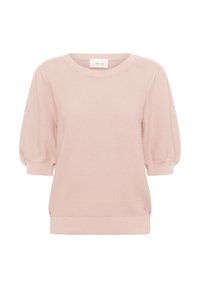 Jasnoróżowy wełniany sweter z krótkimi, bufiastymi rękawami oraz okrągłym dekoltem. Żebrowane mankiety i dół, z małym akcentem z logo.