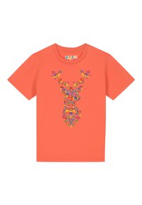 Koraalkleurig katoenen t-shirt met een kleurrijk bloemen- en hertontwerp op de voorkant. Korte mouwen en een ronde hals.