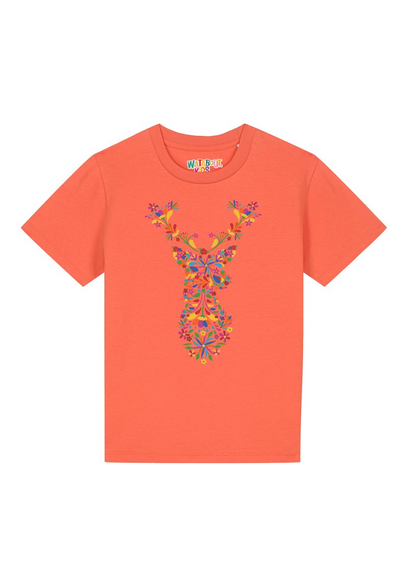 Koraalkleurig katoenen t-shirt met een kleurrijk bloemen- en hertontwerp op de voorkant. Korte mouwen en een ronde hals.