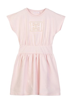 Light pink short-sleeve dress with gathered waist and gold embroidered symmetrical logo centered on the chest.