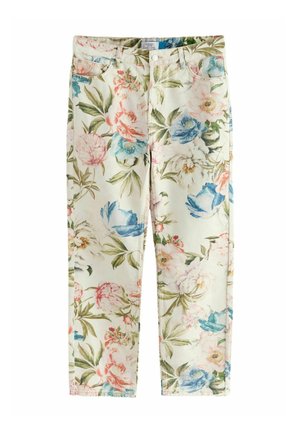 Pantalons à jambes droites en coton léger avec un motif floral, présentant des fleurs roses, bleues et vertes sur un fond crème.