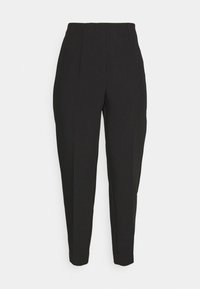 Black tailored trousers feature a high waist, front pleats, tapered legs, and a smooth texture. Made of a lightweight fabric, no visible fastenings.