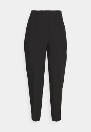 Black tailored trousers feature a high waist, front pleats, tapered legs, and a smooth texture. Made of a lightweight fabric, no visible fastenings.