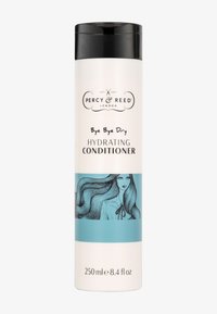 Hydraterende conditioner in een witte fles met een zwarte dop. Aan de voorkant staat een blauwe band met een lijntekening van een vrouw en productdetails eronder.