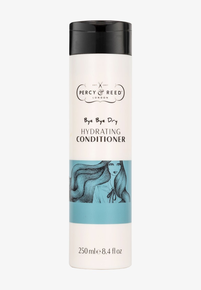 Hydraterende conditioner in een witte fles met een zwarte dop. Aan de voorkant staat een blauwe band met een lijntekening van een vrouw en productdetails eronder.