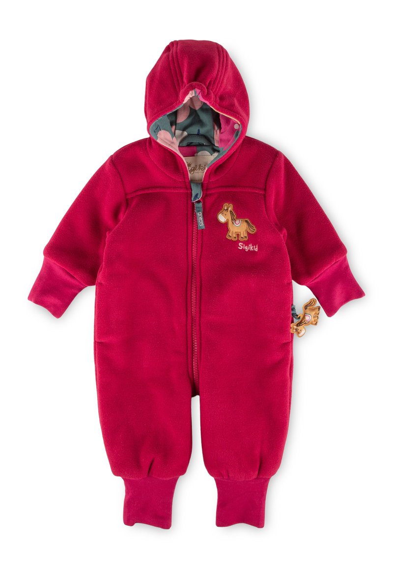 Roter Fleece-Einteilers mit Kapuze, Reißverschluss und Pferde-Stickerei. Mit gemustertem Futter und dekorativem, pferdeförmigem Zubehör.