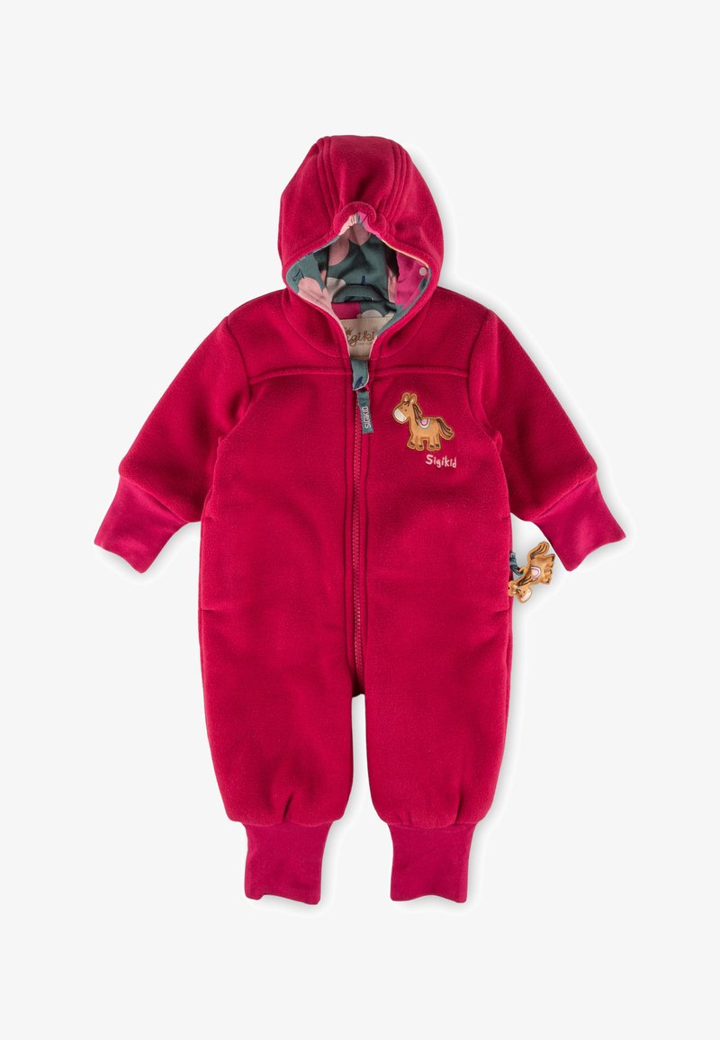 Roter Fleece-Einteilers mit Kapuze, Reißverschluss und Pferde-Stickerei. Mit gemustertem Futter und dekorativem, pferdeförmigem Zubehör.