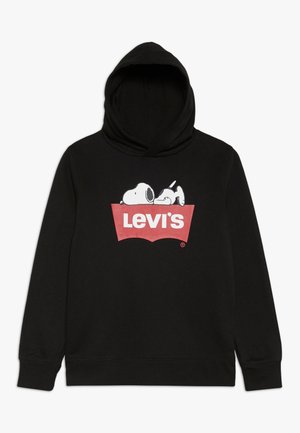 Schwarzer Hoodie aus weichem Stoff mit einer Grafik von Snoopy und einem roten Levi's-Logo auf der Vorderseite. Klassisches Pullover-Design mit Kapuze.