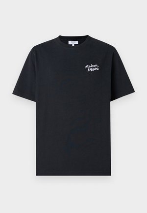 Black short-sleeve crew neck T-shirt with white "Maison Kitsuné" text logo on the left chest.
