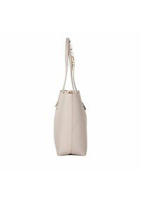 Bolso tote beige con asas dobles, textura suave y forro interior con estampado floral. Cierre de cremallera y base plana para mayor estabilidad.