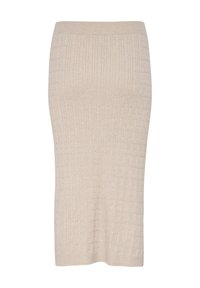 Fustă creion tricotată de culoare bej, cu o textură ribbed, design până la genunchi și talie elastică. Model subtil pe întreaga țesătură.