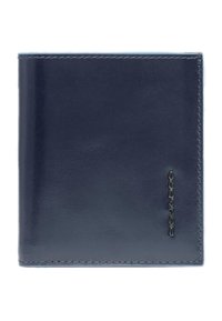 Marineblauwe leren portemonnee met een gladde textuur, vierkante vorm, contrasterende stiksels en een subtiel logodetail aan de zijkant.