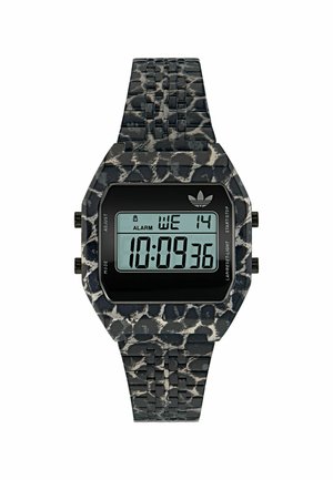 Skaitmeninis laikrodis su juodo ir pilko rašto plastikiniu korpusu ir dirželiu. Ekrane rodomas laikas, data ir žadintuvo nustatymai.