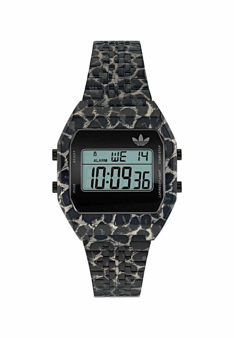 Digitale Uhr mit einem schwarz-grau gemusterten Kunststoffgehäuse und -armband. Verfügt über ein digitales Display, das Zeit, Datum und Alarmeinstellungen anzeigt.
