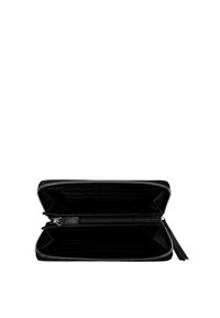 Black leather wallet with a zip closure. Features multiple card slots, a coin compartment, and a smooth, matte texture.