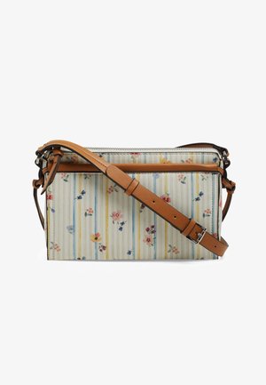 Suorakulmainen olkalaukku, jossa on kukka- ja raidallinen kuvio, säädettävä ruskea nahkahihna ja yläreunassa vetoketjusuljenta.