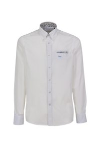 Chemise blanche à manches longues avec col boutonné, col intérieur à motif bleu, et petit design bleu brodé sur la poche gauche de la poitrine.