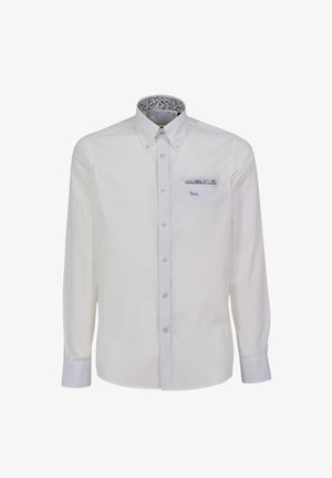 Camicia bianca a maniche lunghe con colletto button-down, colletto interno blu con motivo, e piccolo design ricamato blu sul taschino sinistro.