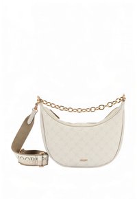 Bēšs plecu somiņa ar izliektu formu, zelta ķēdes rokturi un regulējamu siksnu ar logotipu. Virspuse ar faktūru un smalku rakstu.