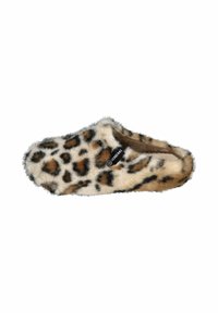 Leopard-print slipper with a soft, furry texture. Color palette includes cream, brown, and black. Features a round toe and slip-on design.