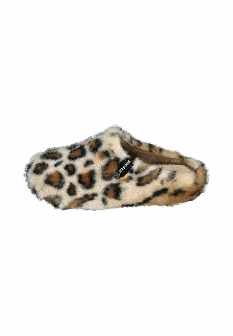 Leopard-print slipper with a soft, furry texture. Color palette includes cream, brown, and black. Features a round toe and slip-on design.