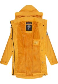 Yellow waterproof jacket with a plush orange lining, large hood, snap fasteners, and a black interior label featuring a cartoon umbrella design.