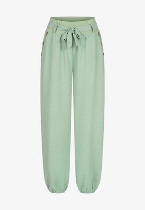 Svaigi zaļas, mīkstas džersija sporta bikses ar savilktu sānu dizainu, regulējamu jostu un dekoratīvajiem pogām sānos.