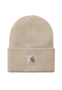 Beanie in maglia beige con risvolto, caratterizzato da un patch quadrato con logo grigio e arancione. Realizzato in materiale morbido e testurizzato.