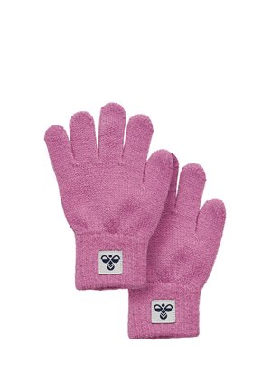 Pink knitted gloves featuring five fingers, ribbed cuffs, and a square white label with a navy insignia on each wrist.