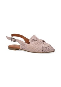 Růžové slingback boty s perforovanou kůží a uzlem na špičce. Mají plochou podrážku a jemné ozdobné vzory.
