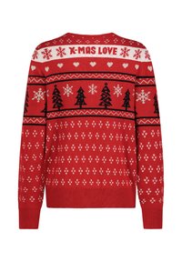 Roter Strickpullover mit weißen und schwarzen Mustern, darunter Bäume, Schneeflocken und der Schriftzug "X-MAS LOVE". Mit gerippten Bündchen an Ärmelenden und Saum.