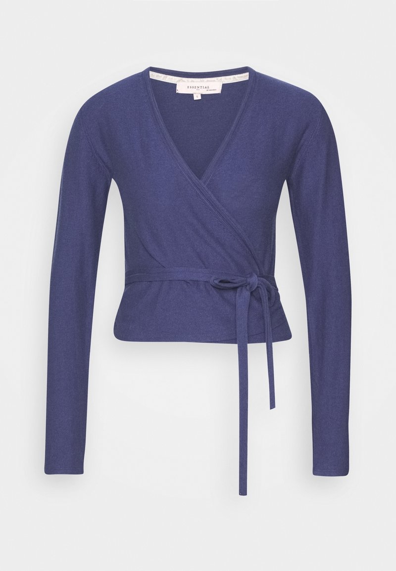 Pull enveloppant bleu à manches longues avec col en V et ceinture à nouer sur le côté, taille indiquée : petit.