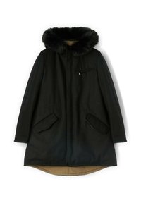 Cappotto esterno nero con cappuccio in pelliccia sintetica, dotato di chiusura con zip, due tasche frontali e foderato in beige. Texture liscia con una forma leggermente strutturata.