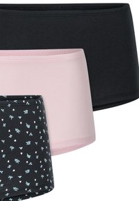 Three pairs of women's hipster briefs: one black, one pale pink, and one black with a floral pattern in light blue and white. Soft cotton material.