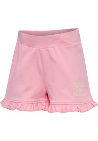 Rosa bomullsshorts med en volangkant. Har en logotyp på nedre vänstra sidan. Mjuk textur och elastisk midja för komfort.
