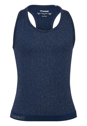 Marineblauw mouwloos sporttanktop met racerback-ontwerp en subtiele glittertextuur, gebrandmerkt met hummel-logo bij de halslijn en zoom.