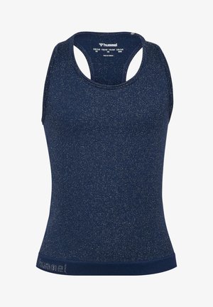 Marineblå ærmeløs sportstanktop med racerback-design og subtil glittertekstur, mærket med hummel-logo ved halsudskæring og kant.