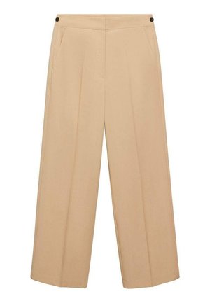 Beige wijde broek met twee zijzakken, voorplooien en zwarte knopen op de taille, gemaakt van een gladde, lichte stof.