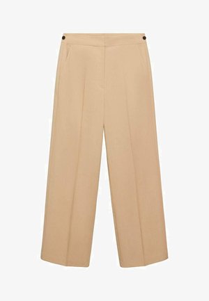 Bež široke hlače s dva bočna džepa, prednjim nabranima i crnim dugmadima na struku, izrađene od glatke, lagane tkanine.