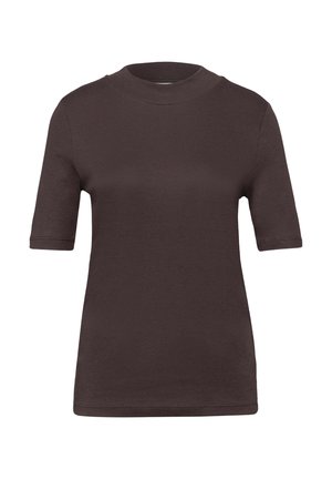 Lyhythihainen, tummanruskea, pyöreäkauluksinen t-paita, jossa on istuva siluetti ja sileä kangaspinta.